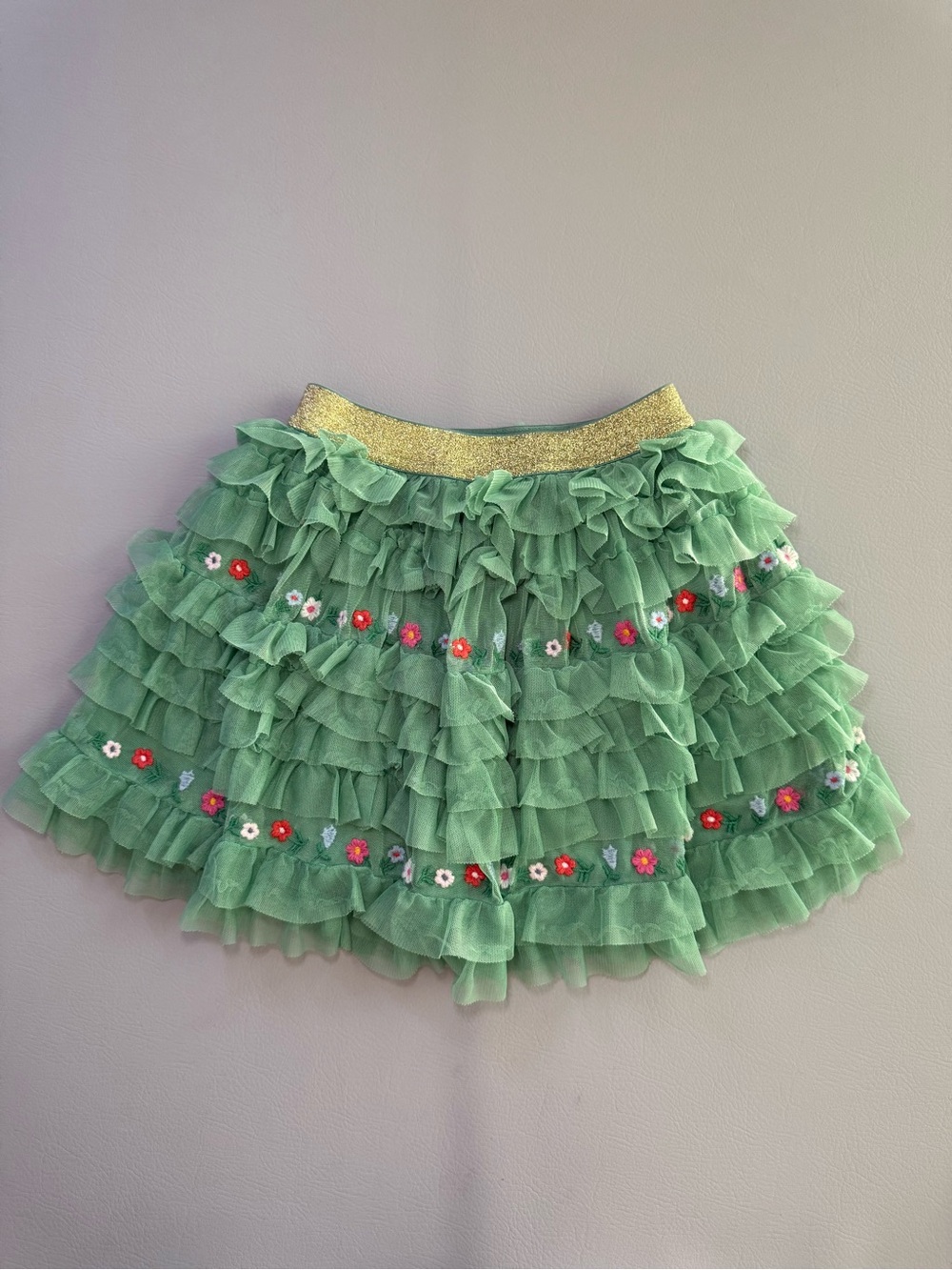 Mini Boden Tulle Ruffle Embroidered Flower Green Skirt 4-5Y 4T 5T